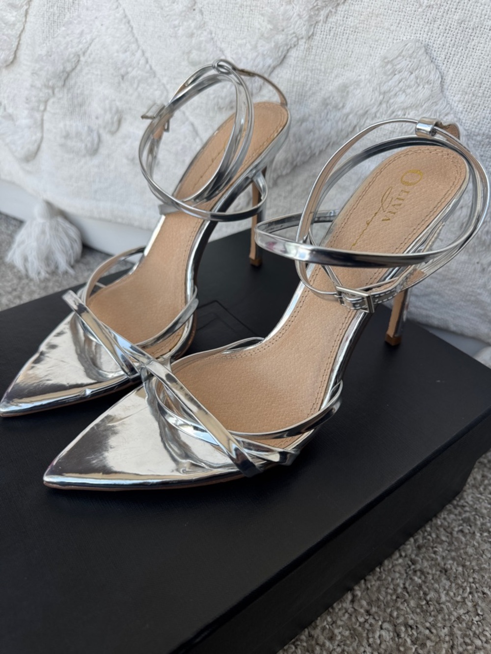 Metallic Strappy Pointed-Toe Heels